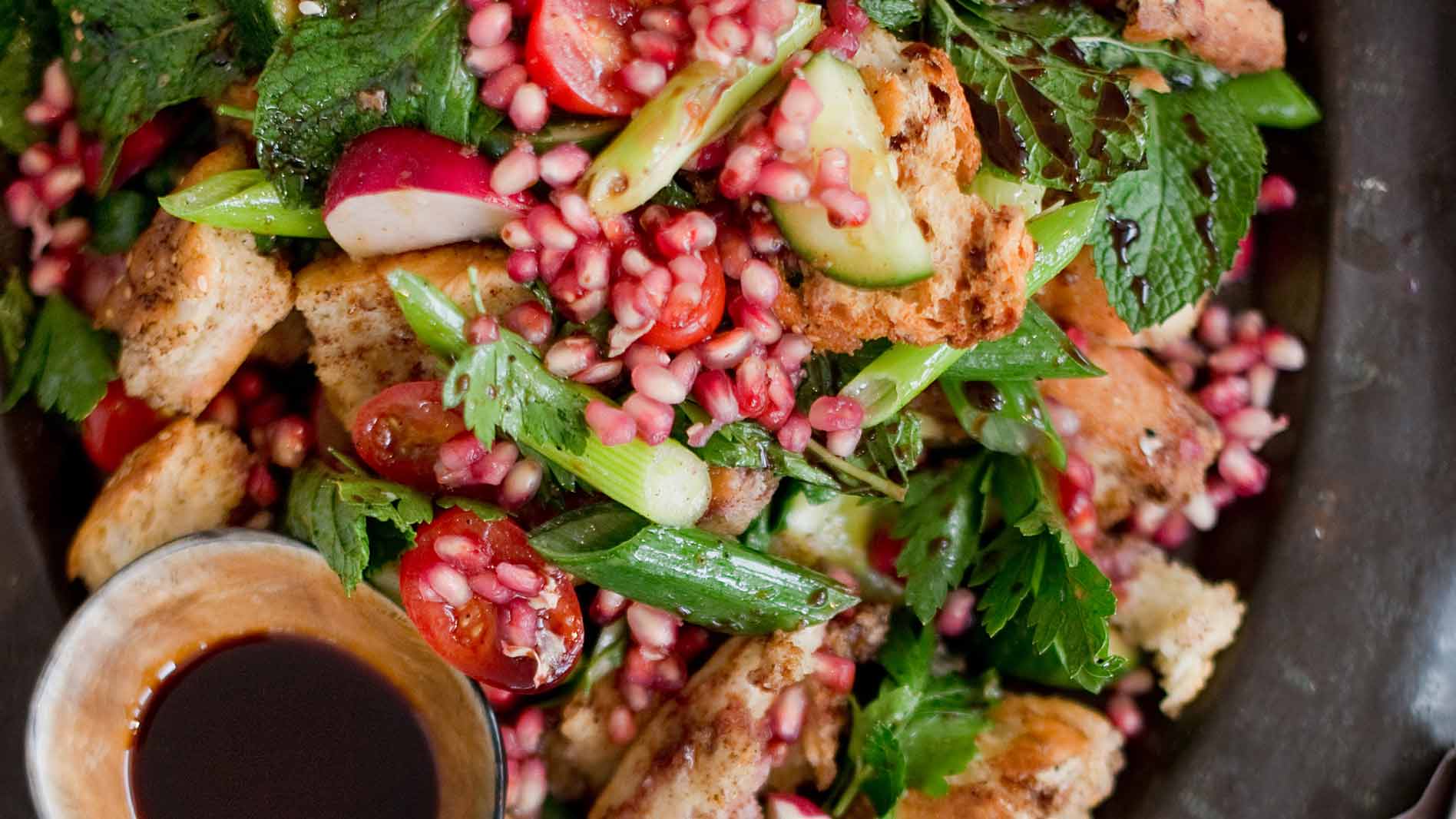 Fattoush salad with crispy torn turkish bread & pomegranate molasses