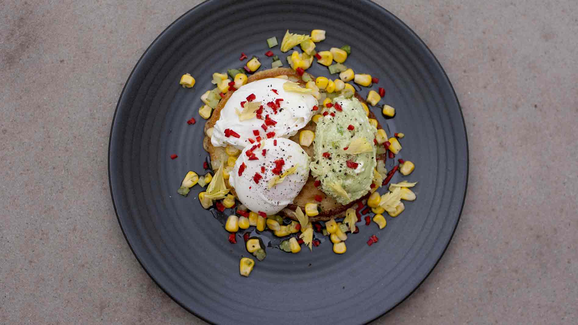 Potato and Spring Onion Pancake with Avocado, Feta and Egg