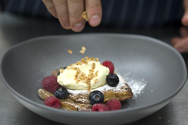 Apple Crumble French Toast with Vanilla Mascarpone and Toasted Oats 