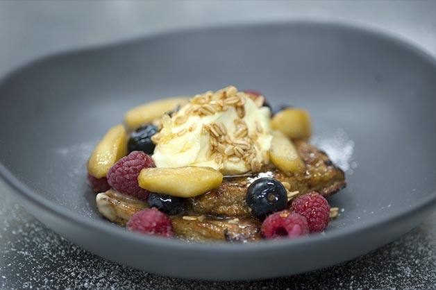 Apple Crumble French Toast with Vanilla Mascarpone and Toasted Oats 