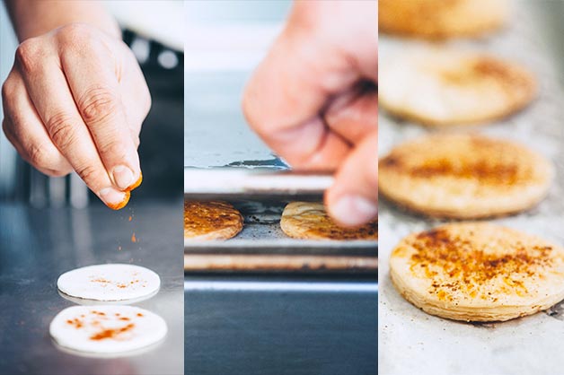 Sprinkle Baked Puff Chips with Paprika and Bake Between Two Trays