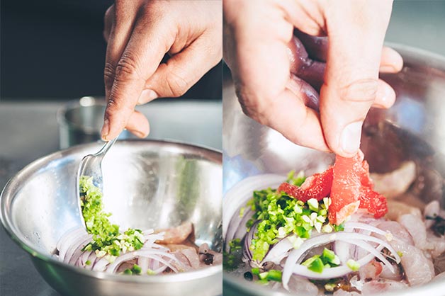 Add the sliced onions and the grapefruit segments to the ceviche mix