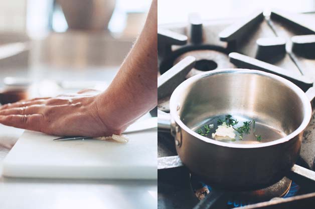 Crush garlic and thyme into a saucepan