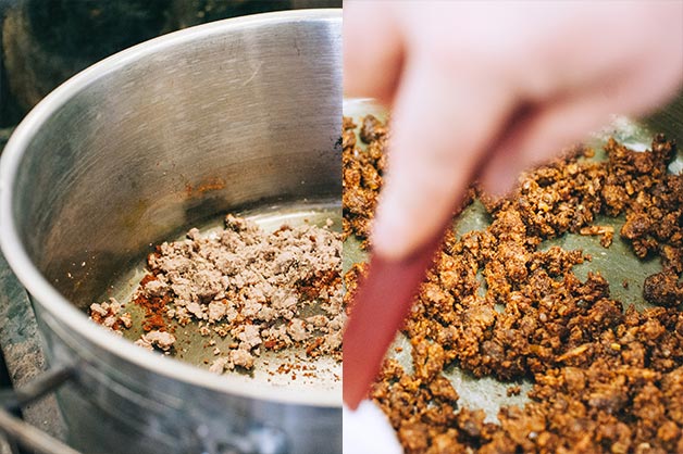 Add mince from oven and cook until browned from the spices