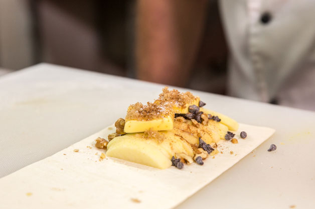 Close up shot of mixture on top of the pastry 