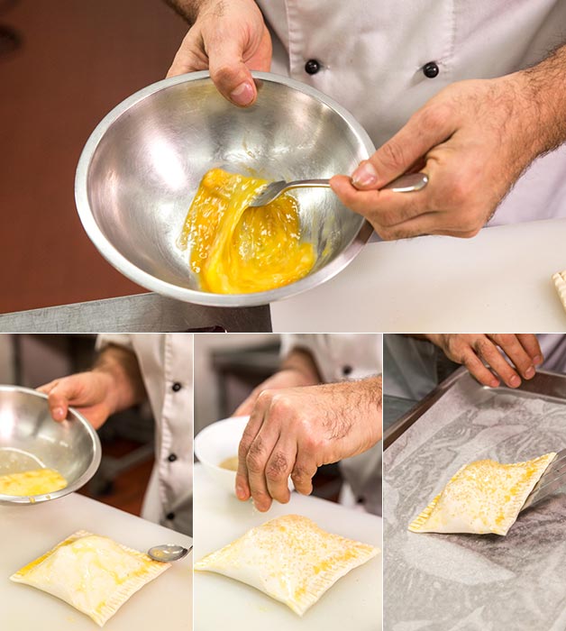 Chef mixing ingredients and placing the pastry on a dish