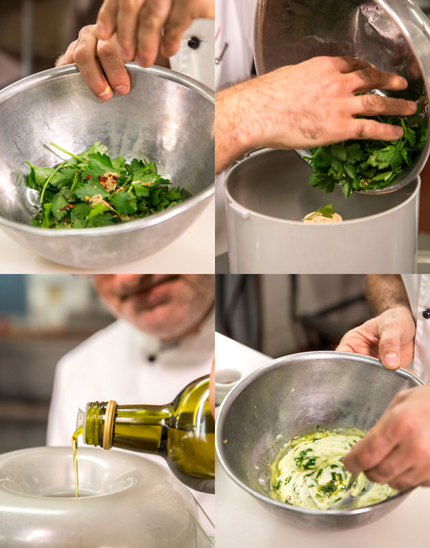 Blending ingredients for chimichurri sauce