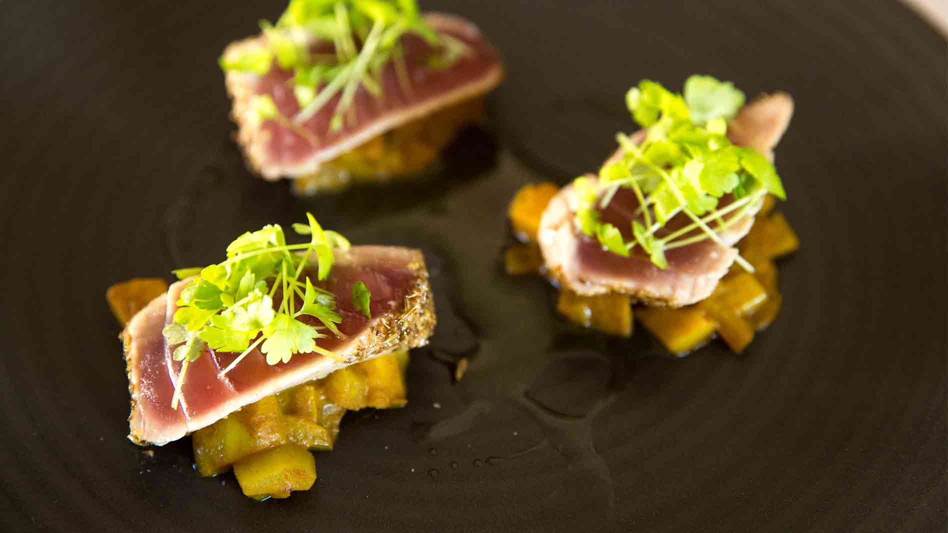 Spice Crusted Tuna with Pickled Quince and Fennel Chutney