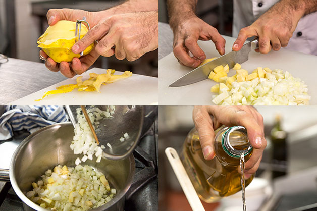 Peel and dice the potato and onion and add ingredients to the pan