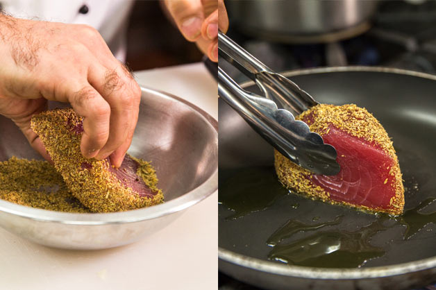 Fry Tuna in oil on a pan