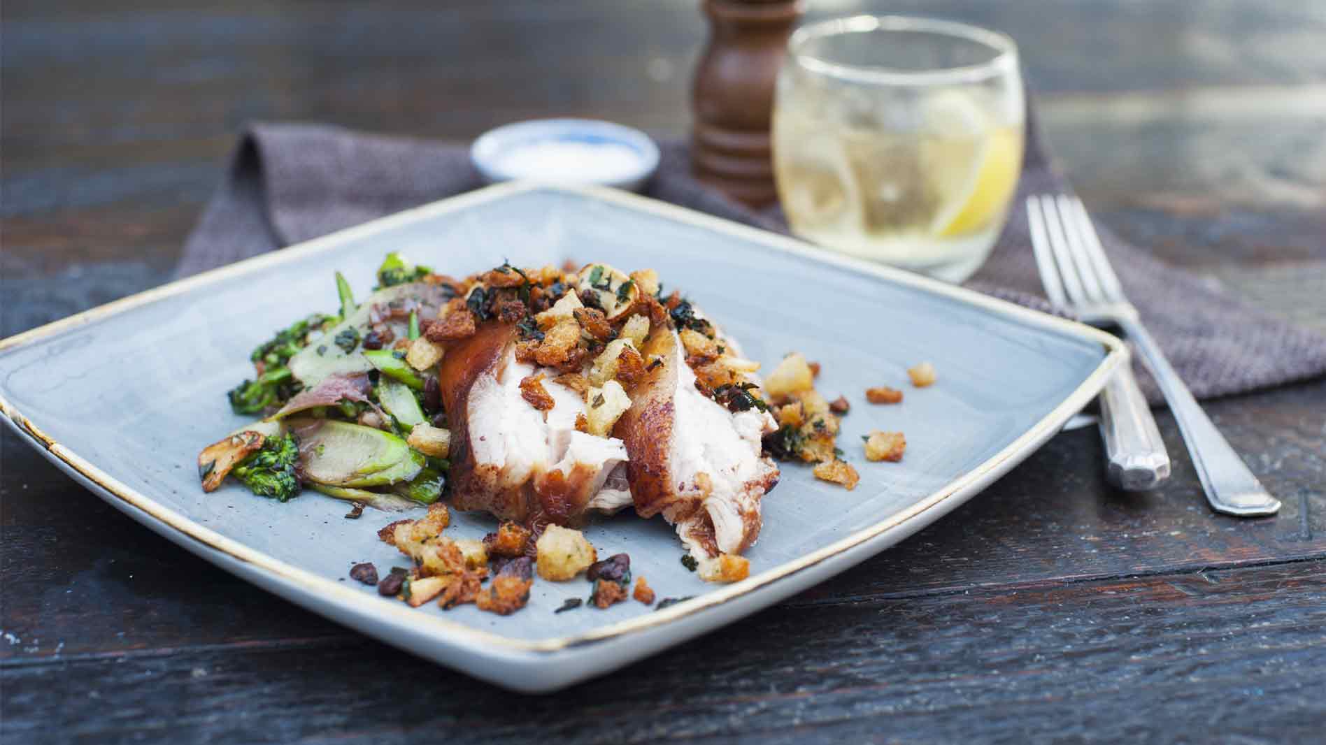 Pork Belly with Poor Man's Parmesan and Smoked Broccolini