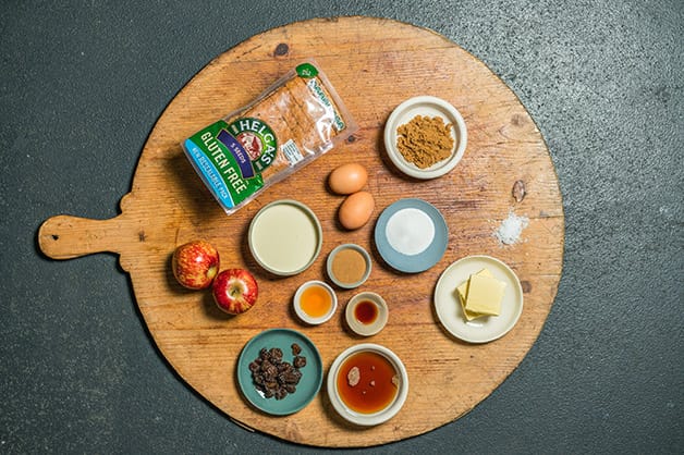 Raw ingredients for bread pudding