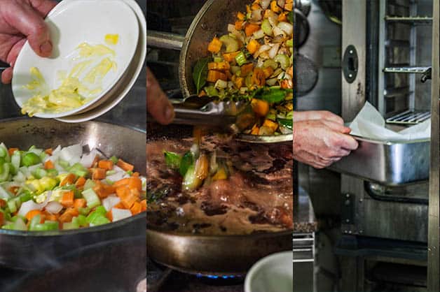 Adding vegetables to the cooking meat