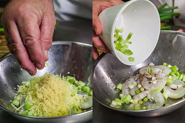 Adding ingredients to the soaked prawns