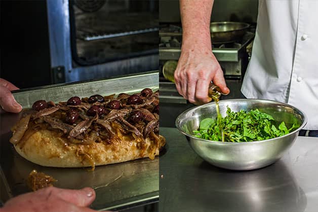 Taking the loaf out of the oven and dressing a salad