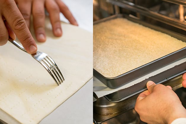 Laying out the pastry and baking it