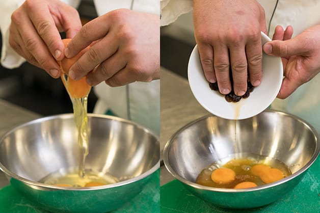 Mixing egg and raisins