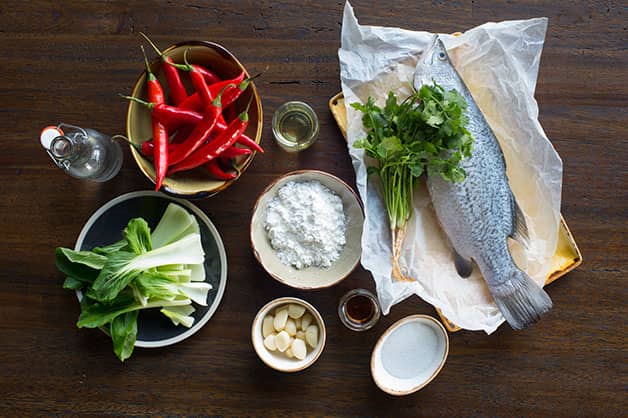 Raw ingredients for barramundi dish