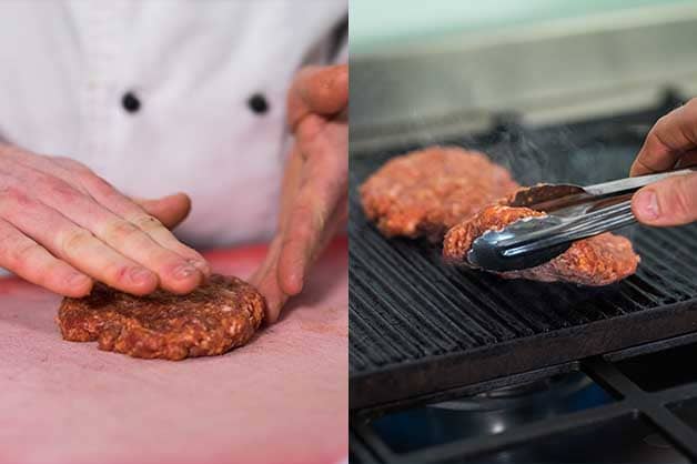 The beef patty is being flattened and then grilled on the stove