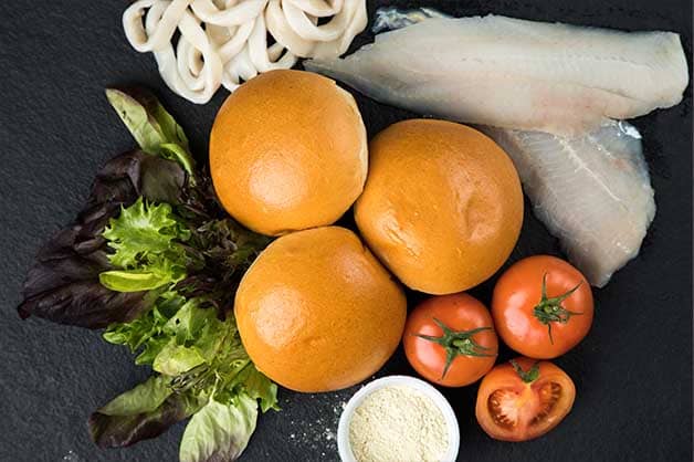 Image of the raw ingredients used in the fish and calamari burger