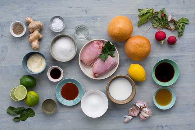 Image of the ingredients for the karaage chicken burger recipe