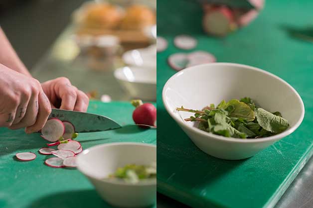 The chef is seen creating his radish salad