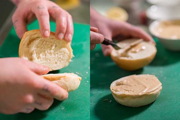 The Chef gently slices the bun open