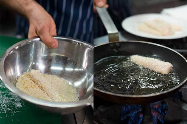 Here, the chef fries the flathead fillets in Crisco Vegetable Oil