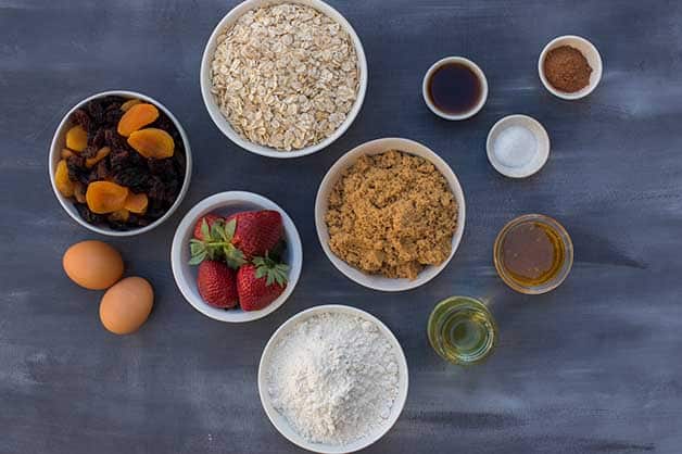 Photo of the raw ingredients for the granola, apricot and honey bar