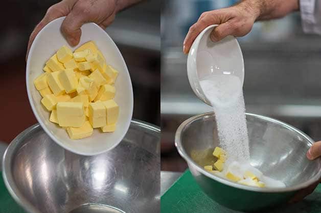 The chef is combining ingredients for the lemon curd