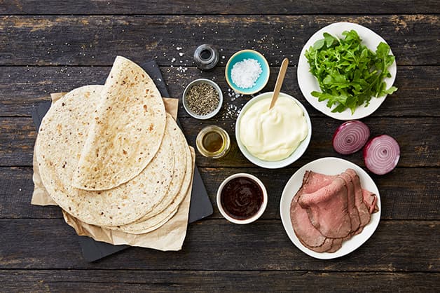 Image of the raw ingredients used for the roast beef wraps