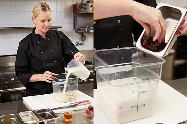 The chef is seen combining the oats, almond milk and cranberries