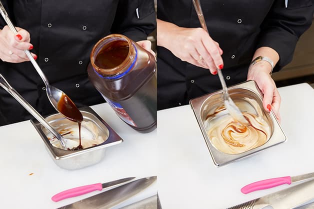 Here the chef is seen combining the bbq sauce and mayonnaise