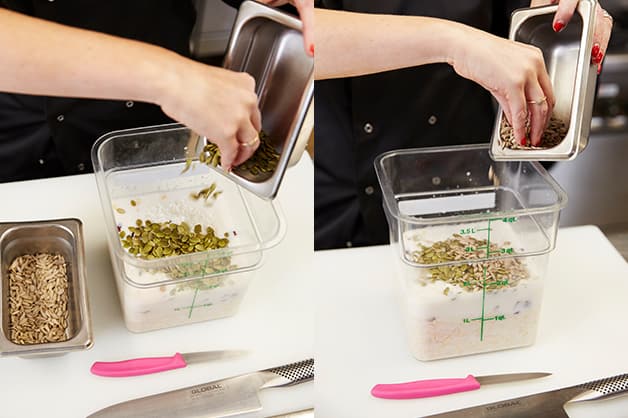 Image shows the two types of seeds being added to the bircher