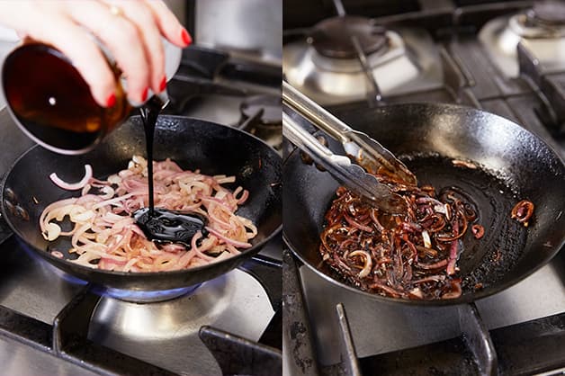 The chef is cooking the onion on the stovetop