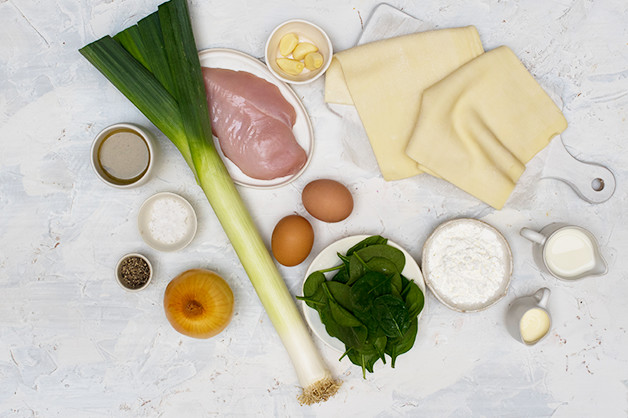 Image shows the raw ingredients for the chicken wellington recipe