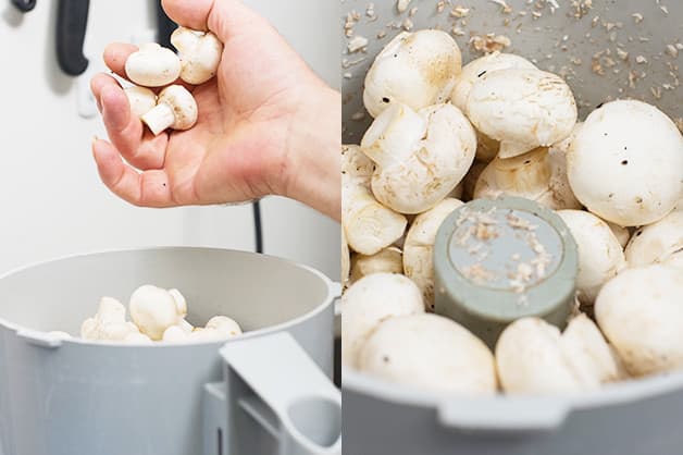 The chef is pictured placing the mushrooms in a blender