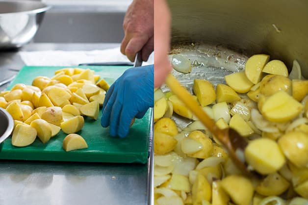 Chef is pictured sealing the potatoes in onion mix