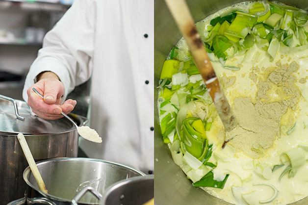 Chef is seen adding ingredients into the white sauce mix