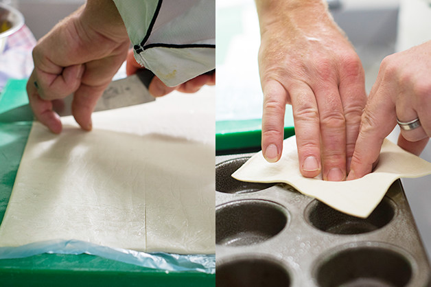 The chef pushing the Pampas Puff Pastry into a tin 