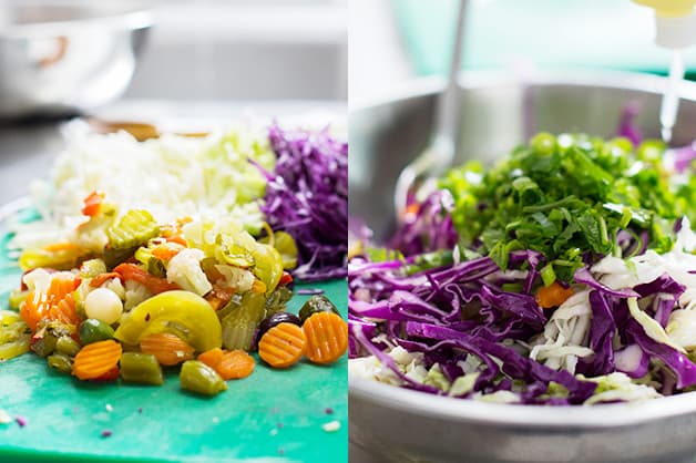 The chef is creating a garnish using pickled vegetables