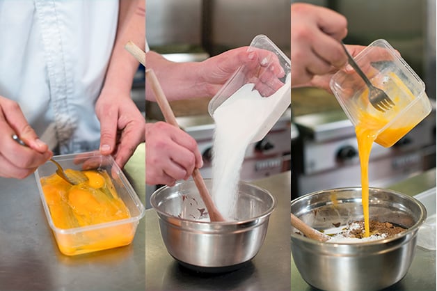 Photo shows the chef combining all of the ingredients for the brownie