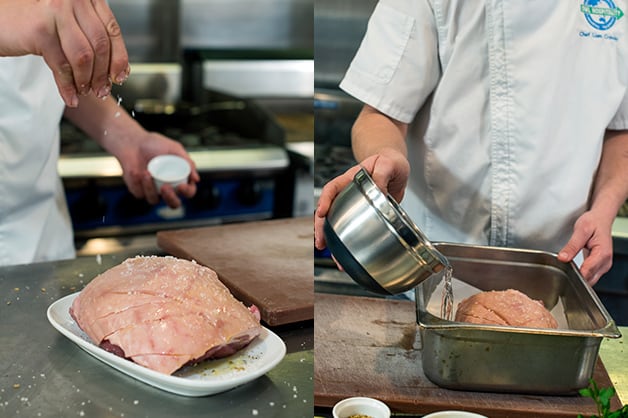 The chef is pictured pouring water to the pork