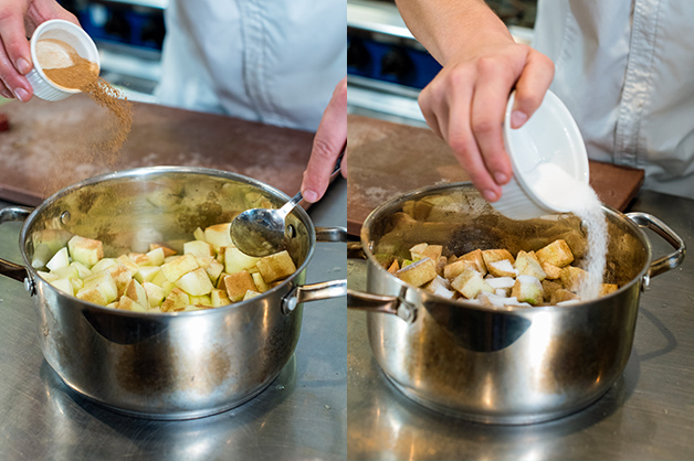 The chef is then seen adding sugar and cinnamon to the apples in the pot