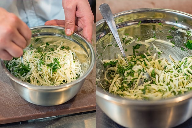The chef is seen adding the mayonnaise and herbs with the celiac