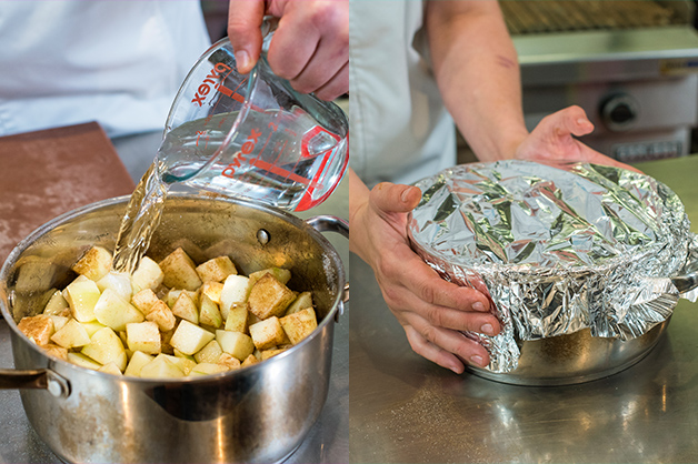 The chef then is pictured boiling the apples on the stovetop