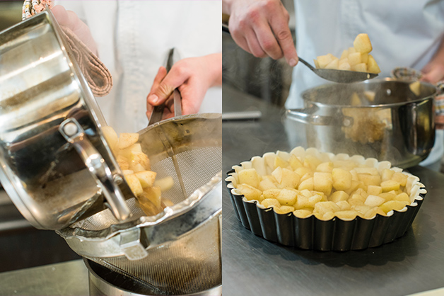 The chef is pictured adding the apples to the pie base