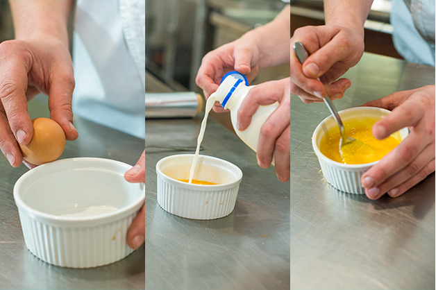 The chef is seen creating the egg wash