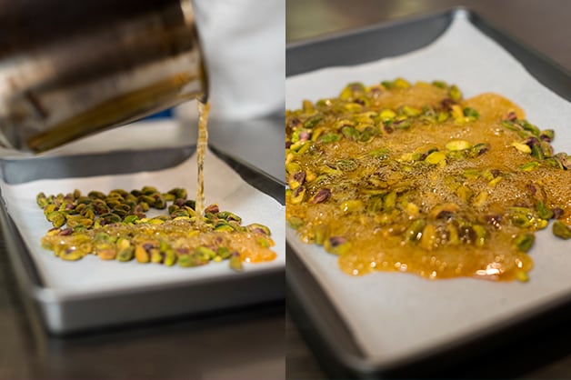 The photo shows the chef pouring the caramel over the nuts