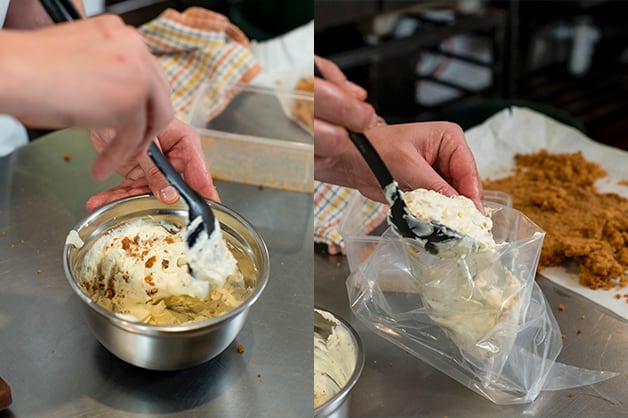 The picture shows the chef combining the biscuit base and cream